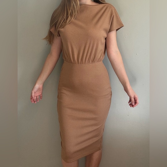 Merokeety Dresses & Skirts - MEROKEETY Brown Cowl Neck Midi Bodycon Dress
